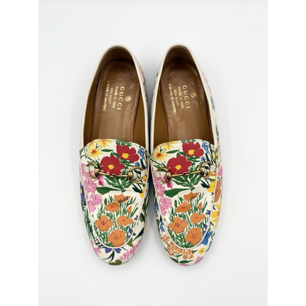Gucci x Ken Scott Jordaan Floral Print Loafers Gold Horse-bit Accents Sz EU 38